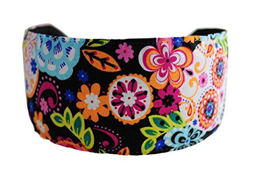 Day of the Dead Headband Multicolor Sugar Skulls and Flowers Over Black Headwrap