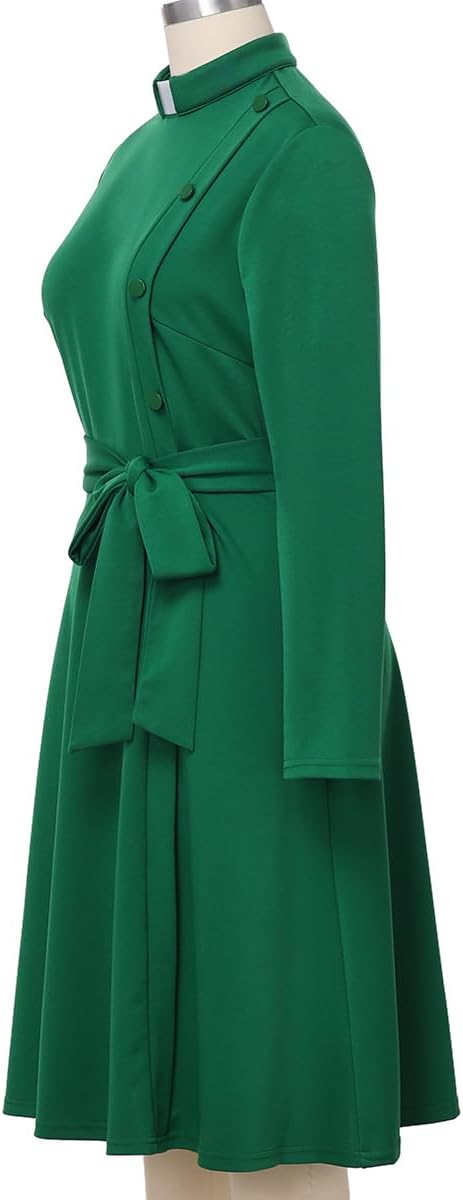 FAD-4U Church Clergy Dress for Women Spring/Autumn Long Sleeve Rows Buttons A Line Dress with Tab Collar and Belt - Image 6
