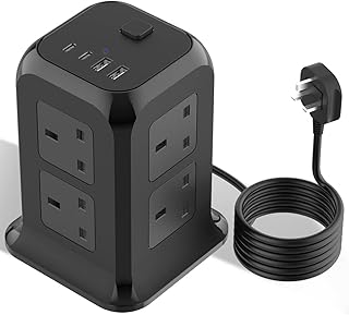 Extension Lead Tower with USB C, 12 Way Outlets Surge Protected Extension Tower with 4 USB Ports (2.4A), 3250W Extension Cord, Overload Protection, 2M Extension Plug for PC/Phone/Laptop/Speaker/TV
