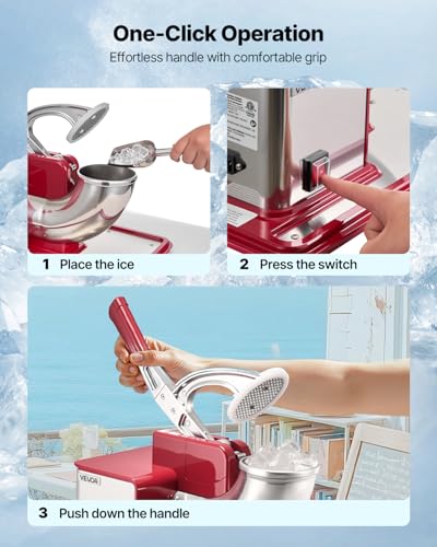 Image of VEVOR Commercial Ice Crusher 661LBS /H, 350W Electric Snow Cone Machine with 4 Blades, 2000RPM Stainless Steel Shaved Ice Machine with 11 Gal Crushed-Ice Box, for Family Restaurants Bars, Red
