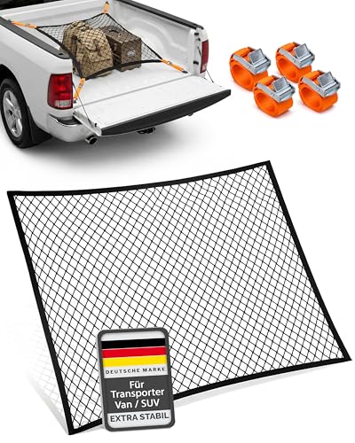 Vicera Gepäcknetz Kofferraum Netz 120x100 cm mit 4 Spanngurten • Kofferraumnetz fürs große SUVs, Transporter, Busse, Vans • Gepäcknetz Auto Ladungssicherung mit Zurrgurten für den Kofferraum