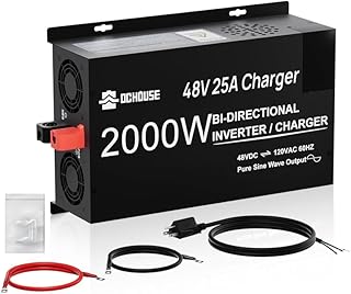 DC HOUSE 48V 25A Lithium Battery Chargr+2000W Pure Sine Wave Inverter, 3 AC Outlets, 2 Cooling Fans, 48V DC to 120V AC for Golf Carts RV Emergency