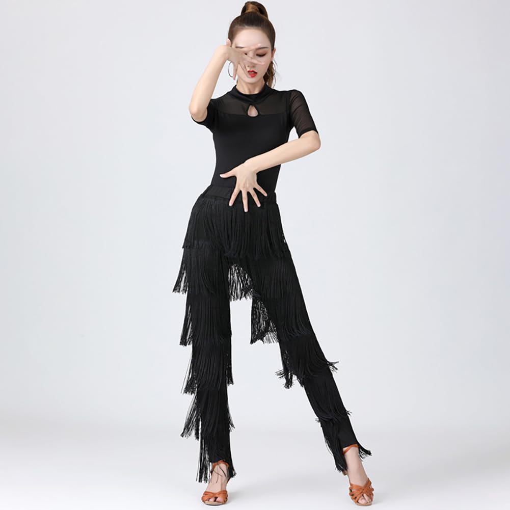 Inlefen Pantalones de Baile Latino para Mujer Con Borlas y Flecos Escalonados - Rendimiento de Tango Cha-Cha, Cintura Elástica