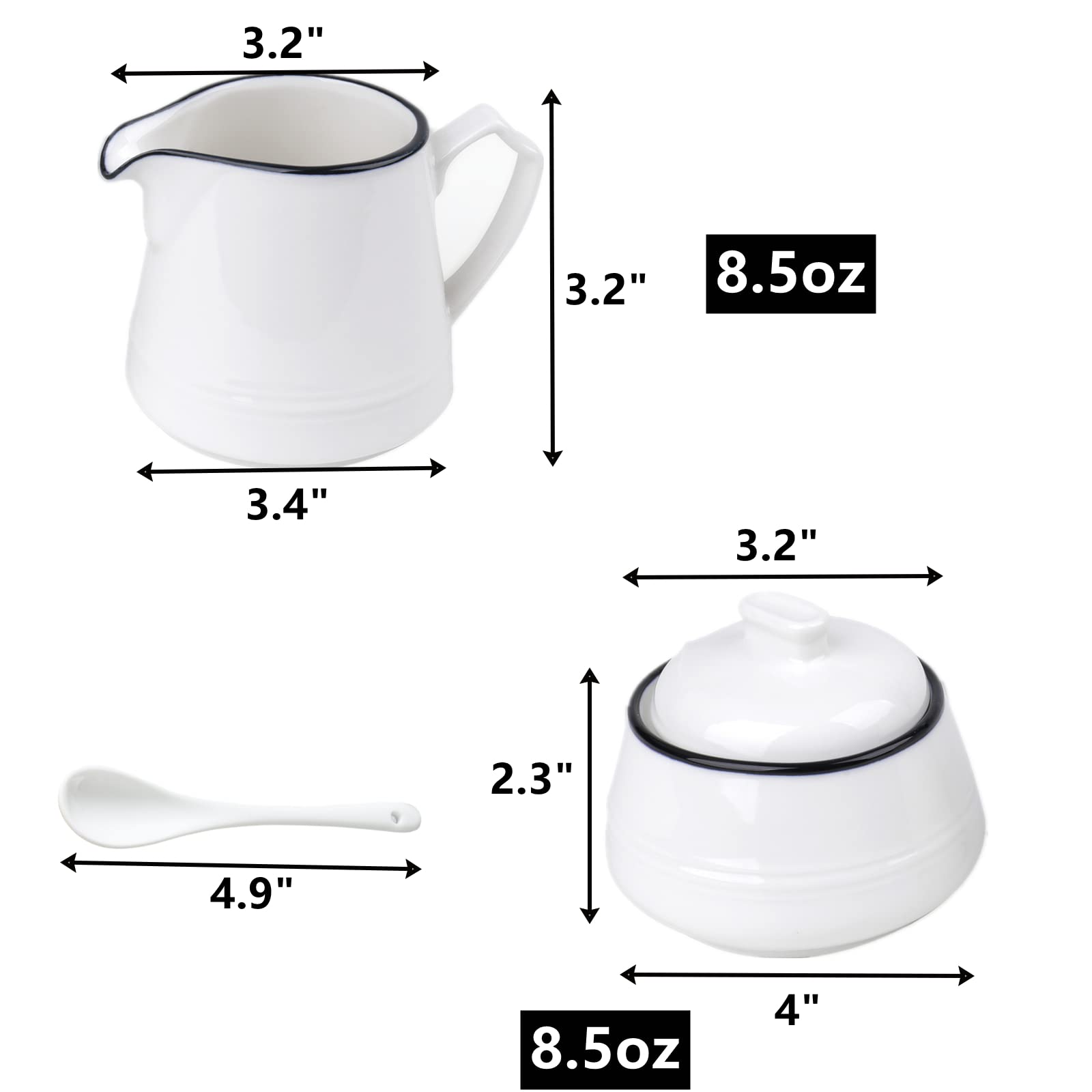Peohud Juego de 3 creamer y azúcar de porcelana, juego de servir café con jarra de crema, cuchara de café, azucarero con tapa y cuchara, tarro de azúcar para té de la tarde, blanco