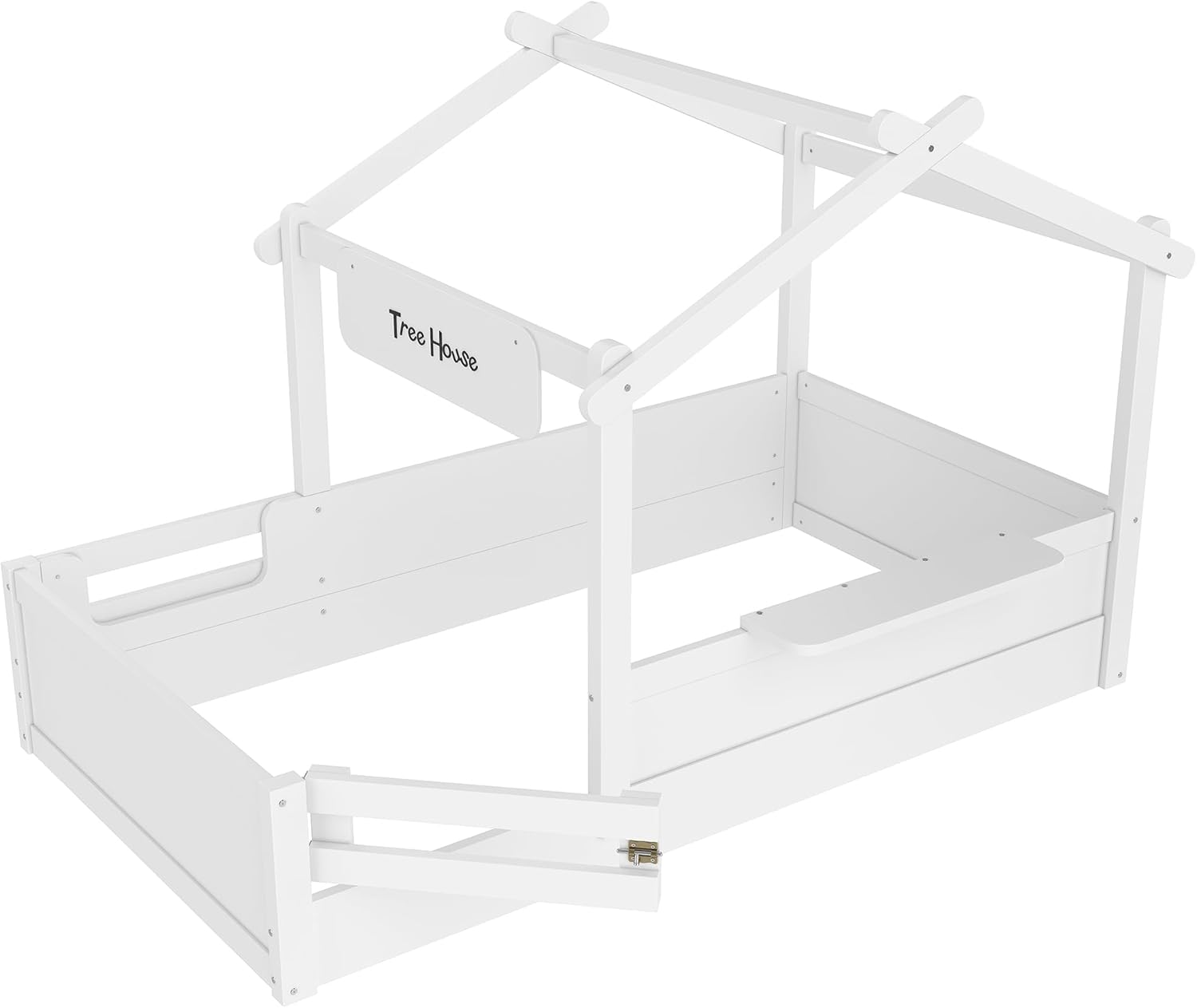 Merax Twin Size House Floor Bed for Kids, Solid Wood Montessori Floor Bed Frame with Safety Fence, Storage Shelf, and Roof, Easy Assembly,White - Image 9