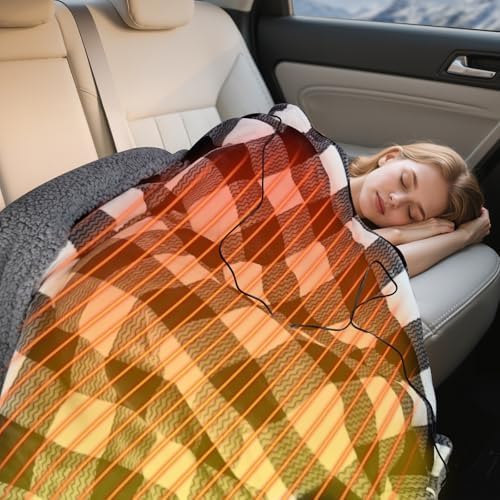 WOOMER Car Heated Blanket, 12-Volt Portable Heated Car Blanket with 4 Heating Levels & 4 Hours Auto Off for Car, Truck, SUV, RV or Camping, Travel, Machine Washable, 59" X 43", Plaid