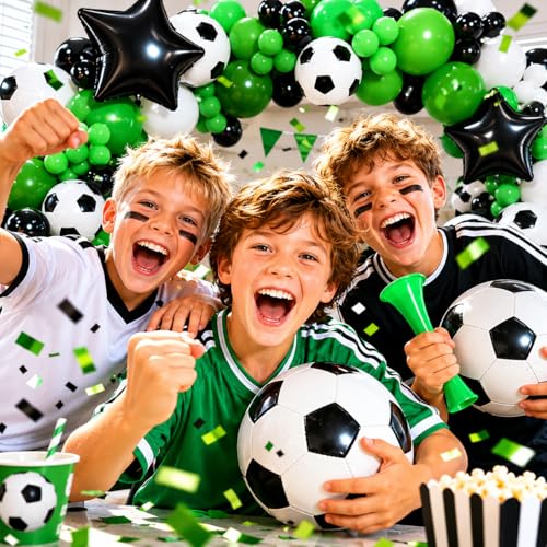 Image of 150Pcs Soccer Balloon Garland Arch Kit - Dark Green White Black Soccer Party Decorations Different Sizes Latex Party Balloons for Birthday World Football Boys Sports Theme Party Decorations