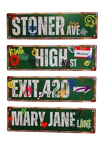 4-Pack 14x4 Street Signs of Stoner Ave/Exit 420 / High St/Mary Jane Lane for Room Decor Double Sided PVC Printing Waterproof Home Decor for Stoners Vintage Rustic Retro Street Sign Art