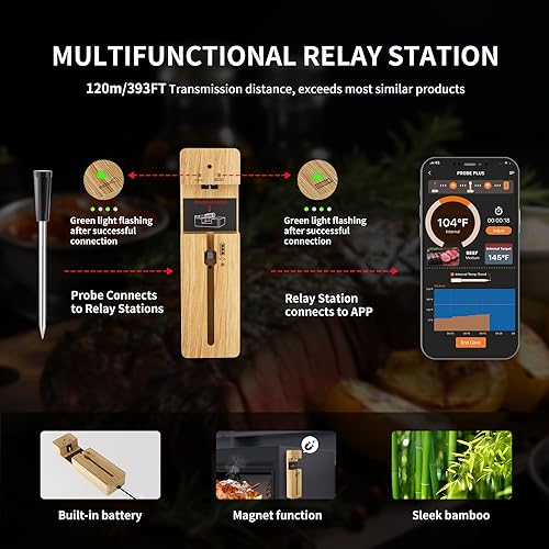 Rilitor wirklich drahtloses Fleisch Thermometer,Digital Bluetooth BBQ Thermometer mit 393FT/120M Bereich APP Steuerung,Wireless Fleisch Thermometer Probe für Ofen Grill Küche... – Bild 3