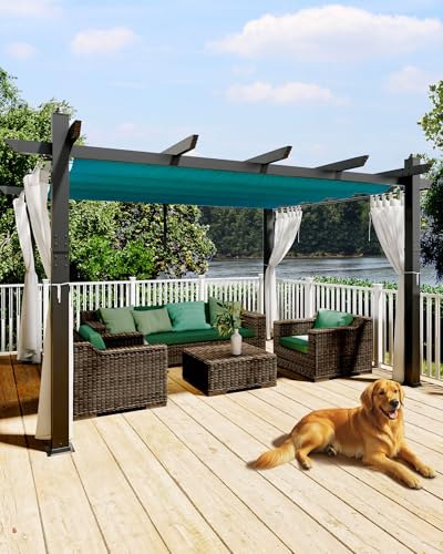 Image of KYBOLT 10x13 Ft Outdoor Pergola with Retractable Canopy & Side Mesh Screen Patio Gazebo for Garden Backyard Deck Grape Trellis(Blue+White)