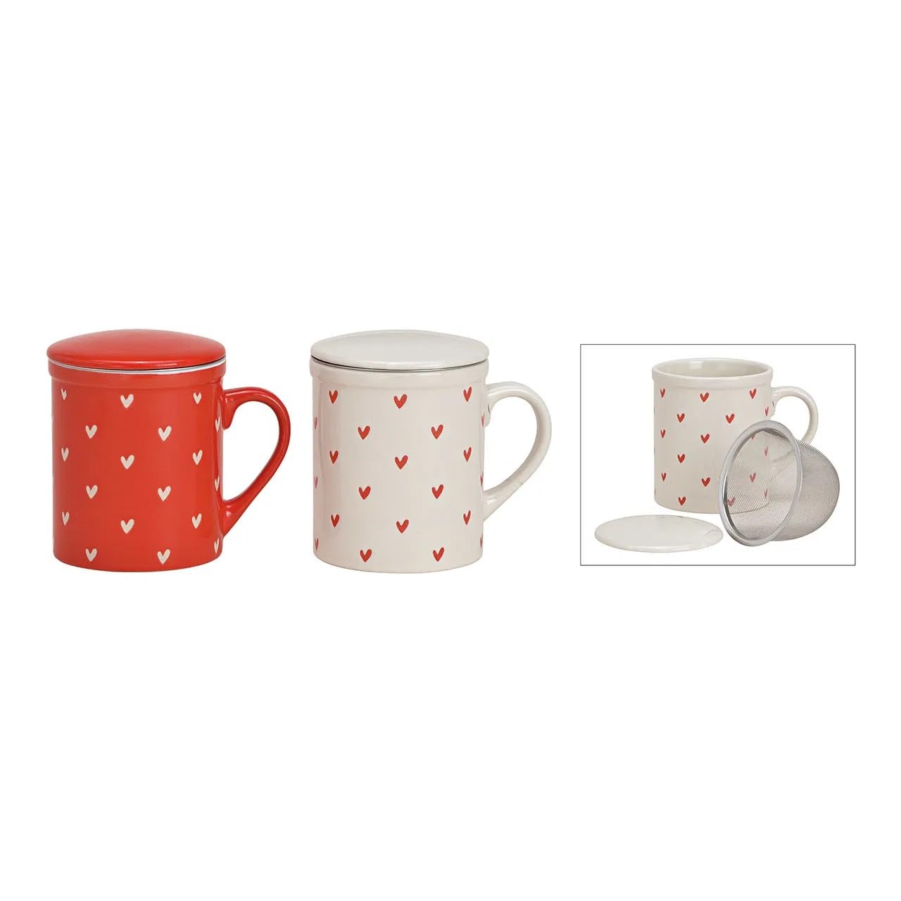 Juego de 2 de Tazas de Té con Filtro y Tapa | 2 Tazas de Té de Cerámica con decoración de Corazones | Regalo para Parejas - Set de 2 Tazas de 340 ml (Rojo/Blanco)