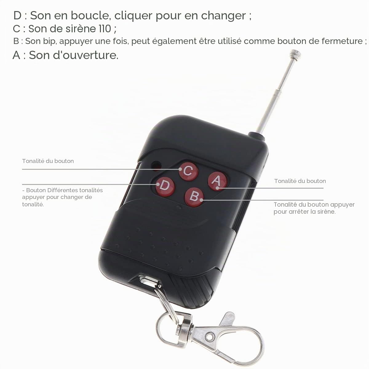 Sirène de Voiture avec 7 Sons : klaxon, Une Alarme de Type Incendie, Ambulance, Circulation, Police, avec Une télécommande Noire, 12 V 100W