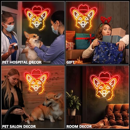 Image of Corgi Neon Signs for Wall Decor, Cute Dog Neon Sign Dimmable Cowboy Hat Neon Light Sign for Pet Shop Bedroom Party Decor, Animal LED Light Up Sign for Birthday Gifts Boys Girls