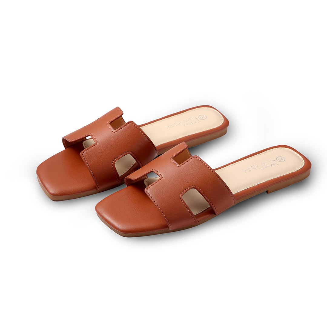 EMMA NEW YORKWomen's Sandals Slip On Leather Slide Sandals Summer Sandals For Women 2024 Dressy Flat Sandals Comfortable Sandals For Women