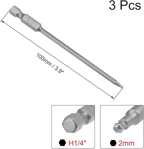 Miniatura 2 de uxcell 3 puntas de destornillador de extremo de bola H2 (0.079 in), S2 de acero magnético de 3.9 pulgadas de largo con vástago hexagonal de 14 de