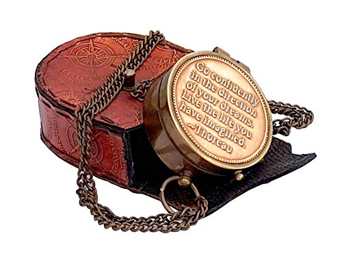 Brass Nautical Thoreau's Go Confidently Embossed Solid Brass Compass with Leather Case - Image 8
