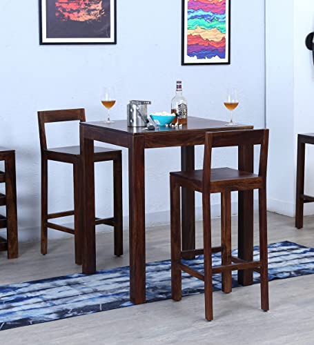 Image of Wooden Bar Dining Table and Chair /Solid Sheesham Wood Bar Table for Balcony with 2 Chairs (Solid Sheesham Wood, 2 Seater, Teak Finish)
