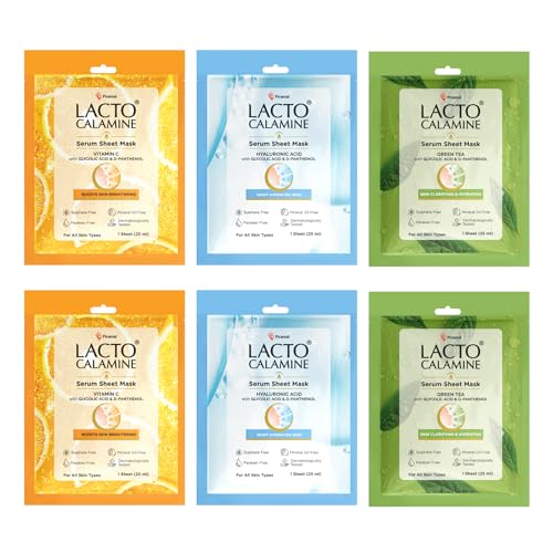 Image of Lacto Calamine Face Sheet Masks | Combo Pack | Vitamin C, Hyaluronic Acid & Green Tea Face Sheet Masks | Brightening, Hydrating & Clarifiying | 150ml (Pack of, 6)