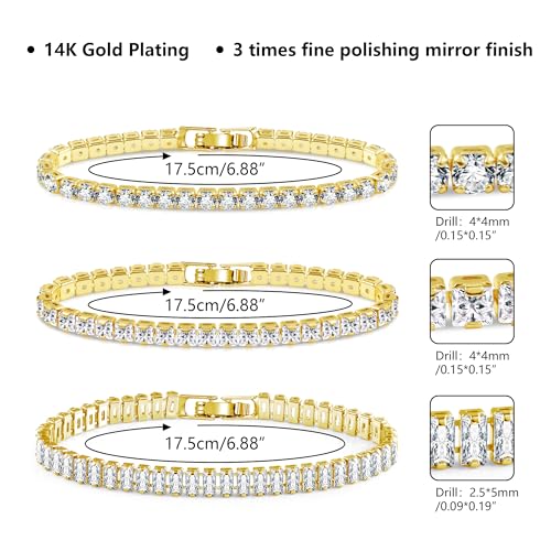 Diamond Tennis Bracelets for Women 3 PCS 4MM 5MM Mixed Adjustable Cubic Zirconia Classic Bracelet Set Fashion Jewelry Gifts (6.9")4