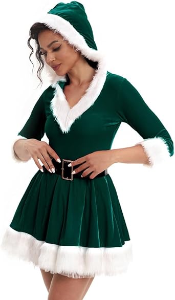 Womens Mrs. Claus Costume Christmas Santa Costume Velvet Dress & Santa Hat & Belt, Red/Green