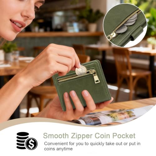 Image of Small Wallets for Women Slim Minimalist Bifold Credit Card Holder | Compact Zipper Coin Purse for Ladies RFID Blocking Mini Travel PU Leather Card Case Gifts for Mom, Dark Olive