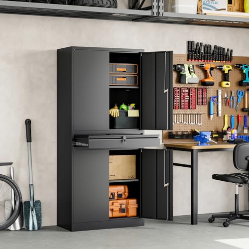 Image of Yizosh Metal Garage Storage Cabinet with Locking Doors and Adjustable Shelves, 71 inch Tool Storage Cabinet with 1 Drawer for Garage,Warehouse (Black)