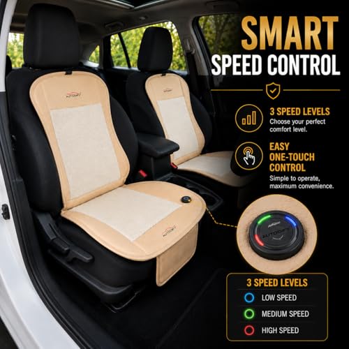 Image of Car Ventilated Cooling Seat Cushion Cover with 10 Powerful Fans & 3 Adjustable Cooling Levels, Breathable Fabric + Beige Leather Universal Fit for All Cars, Large Airflow