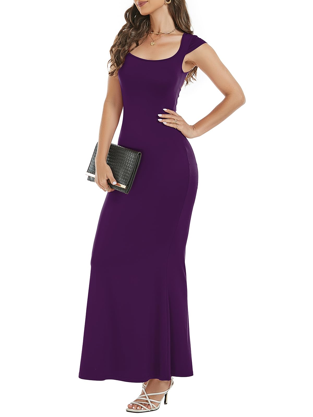 Womens Summer Cap Sleeve Square Neck Elegant Casual Lounge Bodycon Slim Maxi Evening Party Long Dress