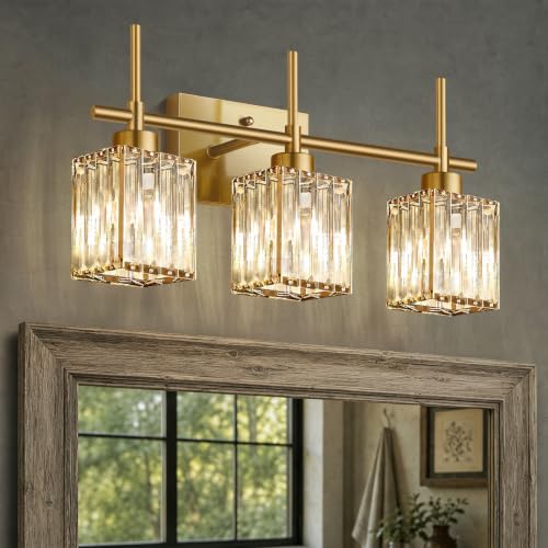 Image of Torondo Modern Crystal Bathroom Vanity Light 3-Light Brushed Gold Bathroom Light Fixtures Over Mirror Brushed Gold Vanity Lighting Fixtures Square Shade Brass Wall Sconce (Bulbs Not Include)