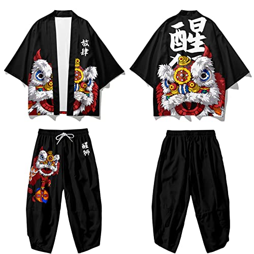 Image of DOSLAVIDA Men's Japanese Kimono Jacket Set Stylish Open Front Coat With Shorts Chinese Style Printed Cardigan Suit