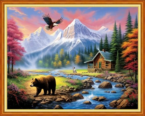 Image of Dimxvean Stamped Cross Stitch Kits,Cross Stitch Kits for Adults Beginners,Embroidery Kits Full Range of Cross Stitch Stamped Kits Needlepoint Kits Cross Stitch Patterns-Forest Bear 16x20 inch