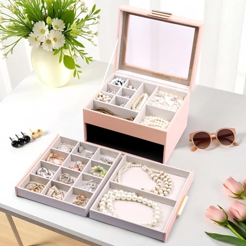 Image of BucketList Luxury PU Leather Jewellery Organizer Box with Glass Top | Multi-Drawer Jewelry Storage Case with Ring Slots & Compartments | Elegant Lockable (2 Drawers Jewellery Box (Pink))