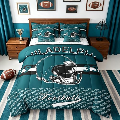 Feelyou Football Comforter Set with Sheets 7 Piece Queen Size Philadelphia Bedding Set for Kids Boys Girls Football City Bed in a Bag Sports Games Room Decor Soft Lightweight Microfiber