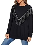 PESION Women's Novelty Oversized Sweatshirt Crewneck Long Sleeve Fringe Trim Shirt Pullover Tops, Black, Small