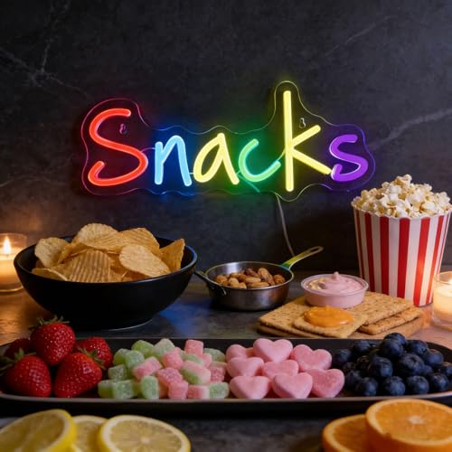 Image of Snacks LED Neon Sign 14.17 Inch USB Wall Decor Light for Snack Bar Kitchen | 10 Level Dimmable | Acrylic Silicone Build | Full Mount Hardware | Low Voltage Safe, Fit Mancave Home Theater Multicolor
