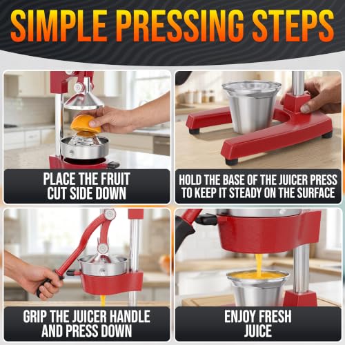 Image of Cast Iron Juicer Hand Press, Heavy-Duty Squeezer (Red) | Lever Manual Citrus Press Juicer & Orange Squeezer for Lemon, Lime & Lemonade; Steel Cone & Strainer; for Home or Bar