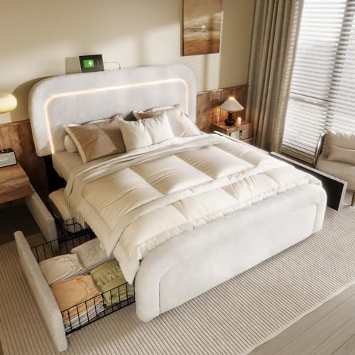 kozamas Cama doble tapizada de 160 x 200 cm con USB-C y LED – Estructura de cama con 4 cajones y espacio de almacenamiento, cabecero regulable en altura, somier de láminas de madera, color blanco