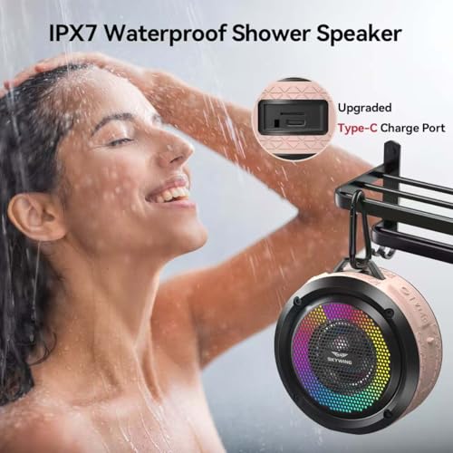 SKYWING Shower Speaker, Certified IPX7 Waterproof, Mini Bluetooth Wireless Small Speaker with Lights, Suction Cup and Mic for Bathroom, Crystal Sound&Bass,12H Playtime, Ideal Electronic Gifts,Upgraded