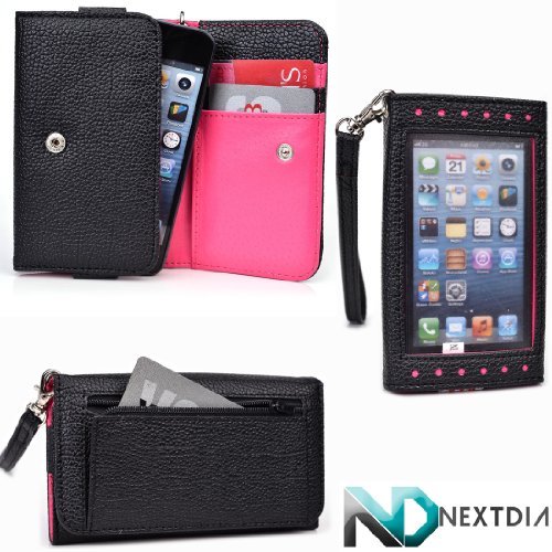 Women's Wallet for Smartphones - fits Blu Life Pure (Black/Hot Pink) Exposed Screen for Easy Alert Acces + NextDia Cable Wrap
