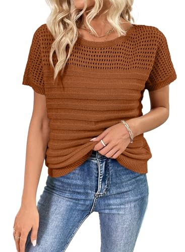 Image of SHEWIN Womens Sweaters Crew Neck Short Sleeve Shirts Summer Tops Knit Hollow Out T Shirts Sweater Blouses
