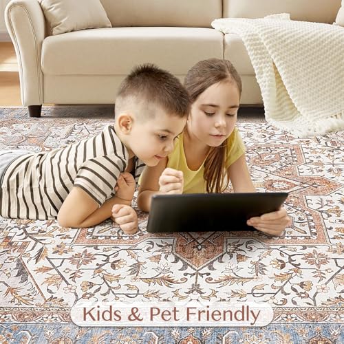 Tortania Area Rug Living Room Rugs - 9x12 Washable Boho Rug Vintage Oriental Distressed Farmhouse Large Thin Indoor Carpet for Living Room Bedroom Under Dining Table Home Office - Azure Orange