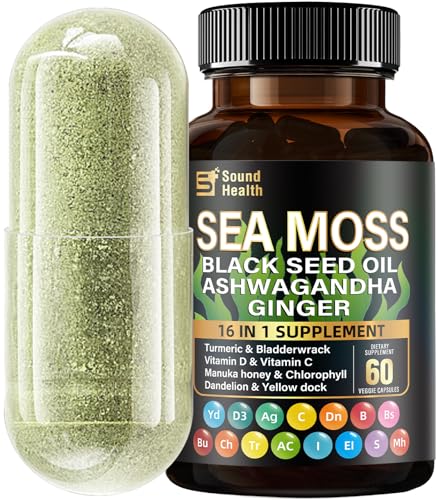SoundHealth Sea Moss Capsules, Featuring 8000mg Sea Moss, 4000mg Black Seed, Teaming up with 2000mg Ashwagandha, Turmeric, Burdock, and Augmented with Vitamin C and Vitamin D3(30 Days)