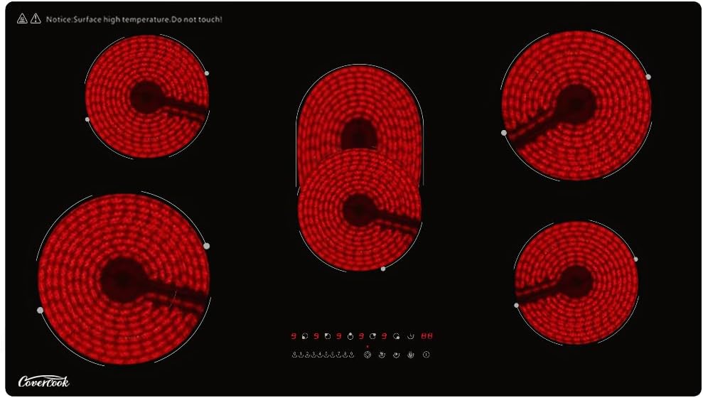 36 inch Electric Ceramic Cooktop, 5 Burners Radiant Stove Countertop Hardwire Cooker Range Top Black Glass Hot Plate for All Cookwares, No Plug 230V, 8400W