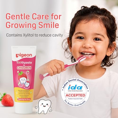 Image of Pigeon Strawberry Toothpaste for Babies & Children 45 g (Pack of 2) | Fluoride Free & SLS Free | Gentle Daily Oral Care for Kids