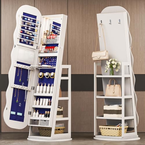 Image of HNEBC 360 Swivel Jewelry Cabinet with Lights, LED Jewelry Armoire with Mirror, Wavy Wide Full-Length Mirror with Storage, Lockable Mirror Jewelry Cabinet Standing (White)