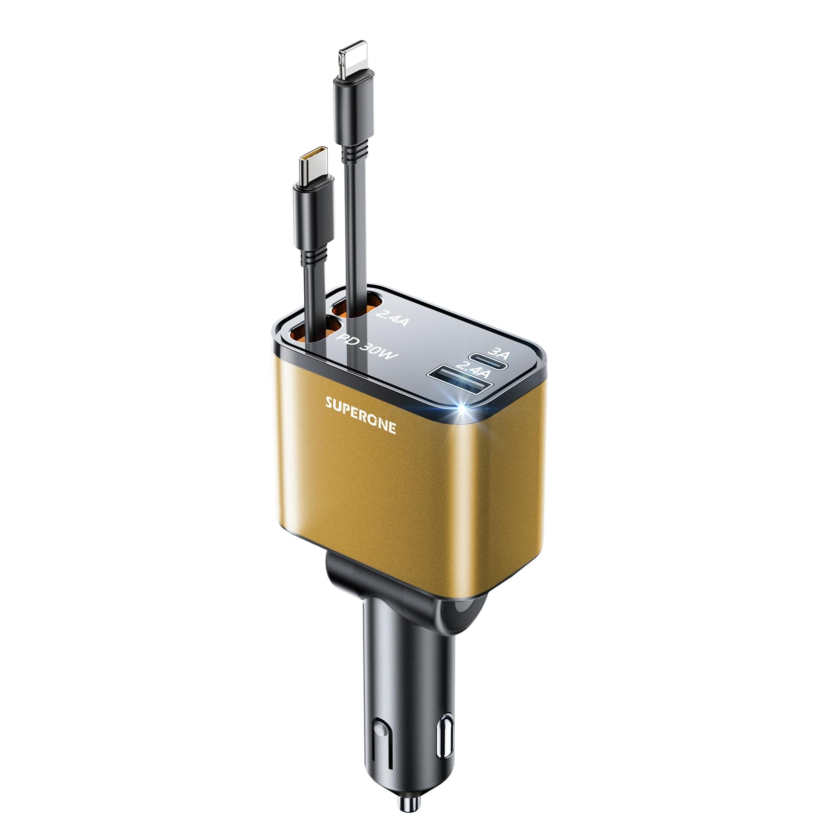 [2024 Upgraded] 4 in 1 Retractable Car Charger, SUPERONE Smaller Fast Car Phone Charger 69W with Cord, USB C and iPhone Car Charger Adapter, Compatible iPhone 15/15 Pro Max/14/13/12/11, Sumsung