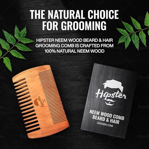 Image of Hipster Neem Wooden Comb for Men | Dual Side Tooth Beard & Hair Grooming Comb for Hair Growth | Anti-Static, Pocket Friendly, Natural Wooden Comb