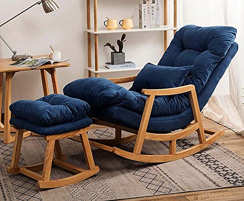 Image of CRAFTCITY Sheesham Wood Elegant Chair with Pillow and Matching Foot Stool /Living Room Chair /Rose Wood Rocking Chair,Pre-Assembled (Blue 2, Rocking Chair with Ottoman)