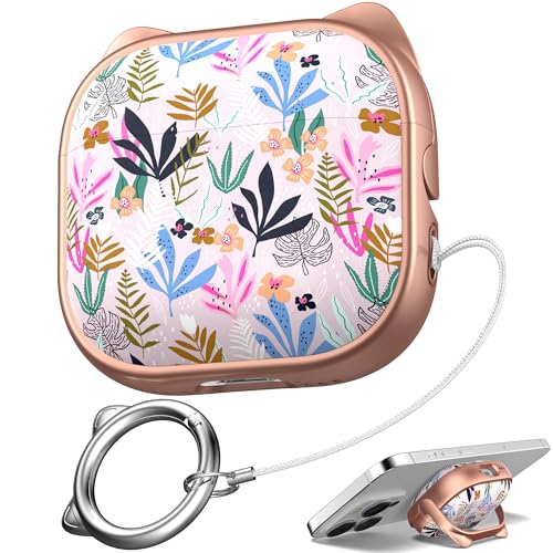 Image of for AirPods 4 Case with Cleaning Kit, Cute Cat Ear Print Design & Cute Buckle, Inverted Phone Holder Design, Top Safe Lock Buckle Design, for Girls AirPods 4 case 2024, Rose Gold Leaves