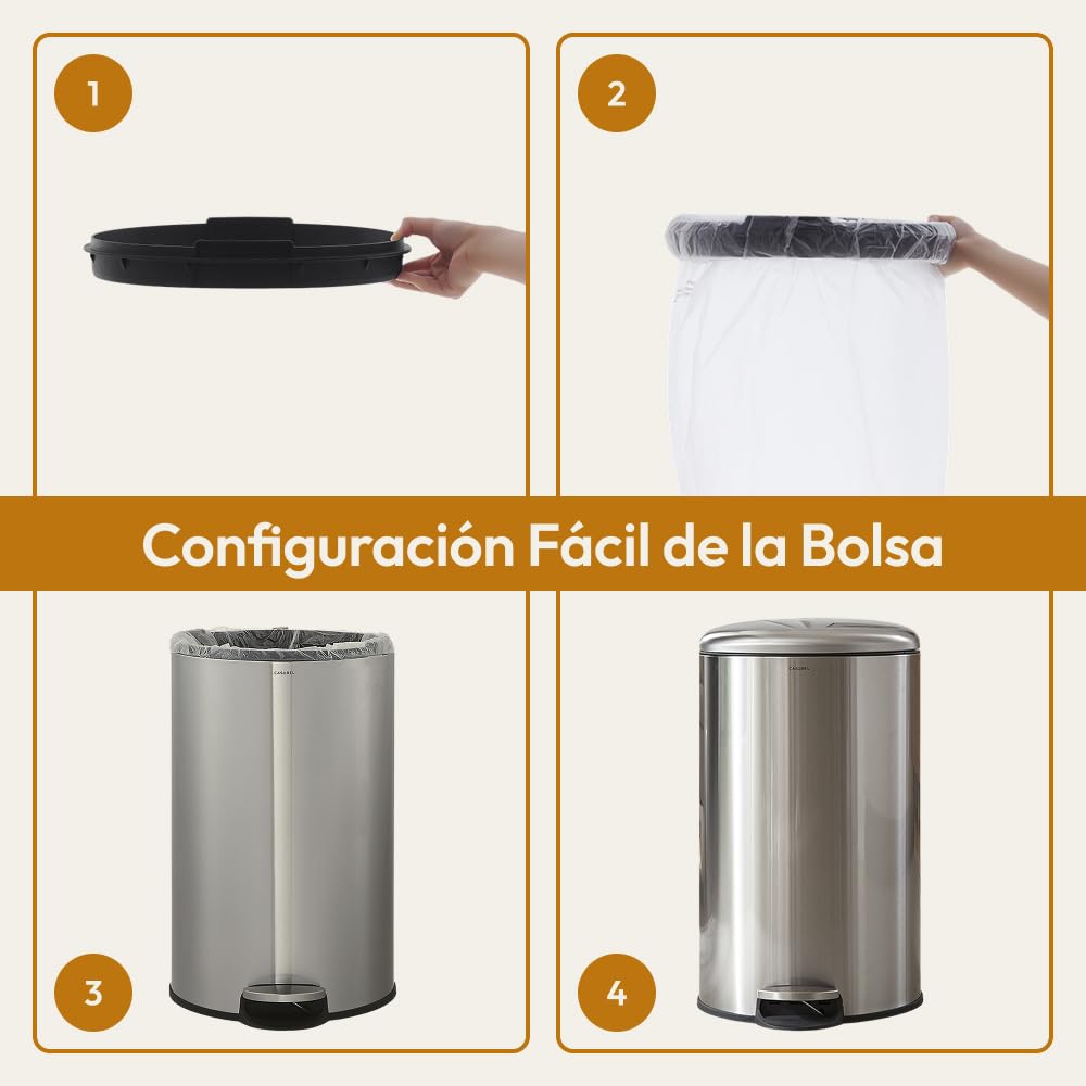 CASABEL Cubo de Basura Cocina 50L, 100% Acero Inoxidable, Resistente a Huellas, Papelera Redonda con Pedal y Tapa para Baño, Cocina, Oficina, Cromo